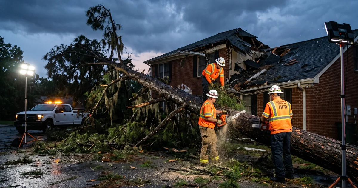 Emergency tree removal crew responding to storm damage in Huntsville Alabama