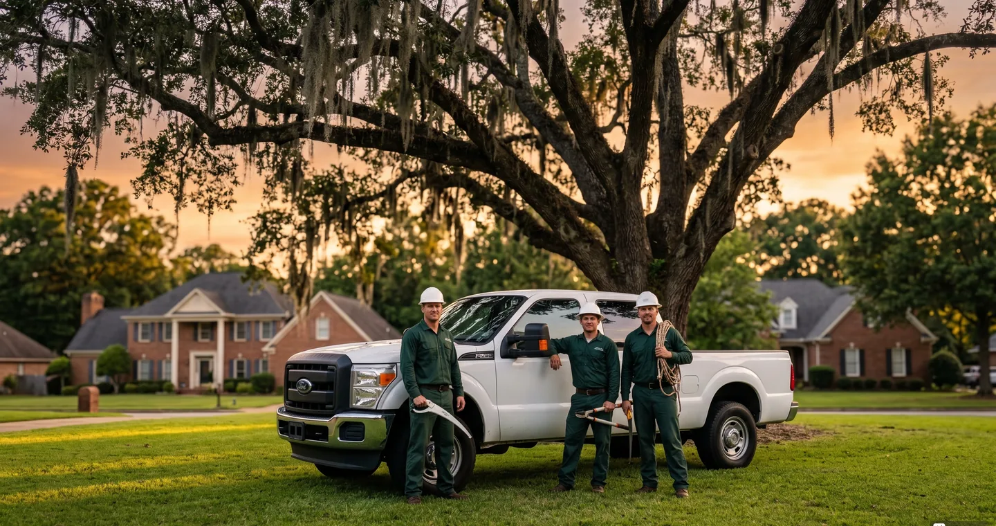 Huntsville tree service crew removing large oak tree in residential yard