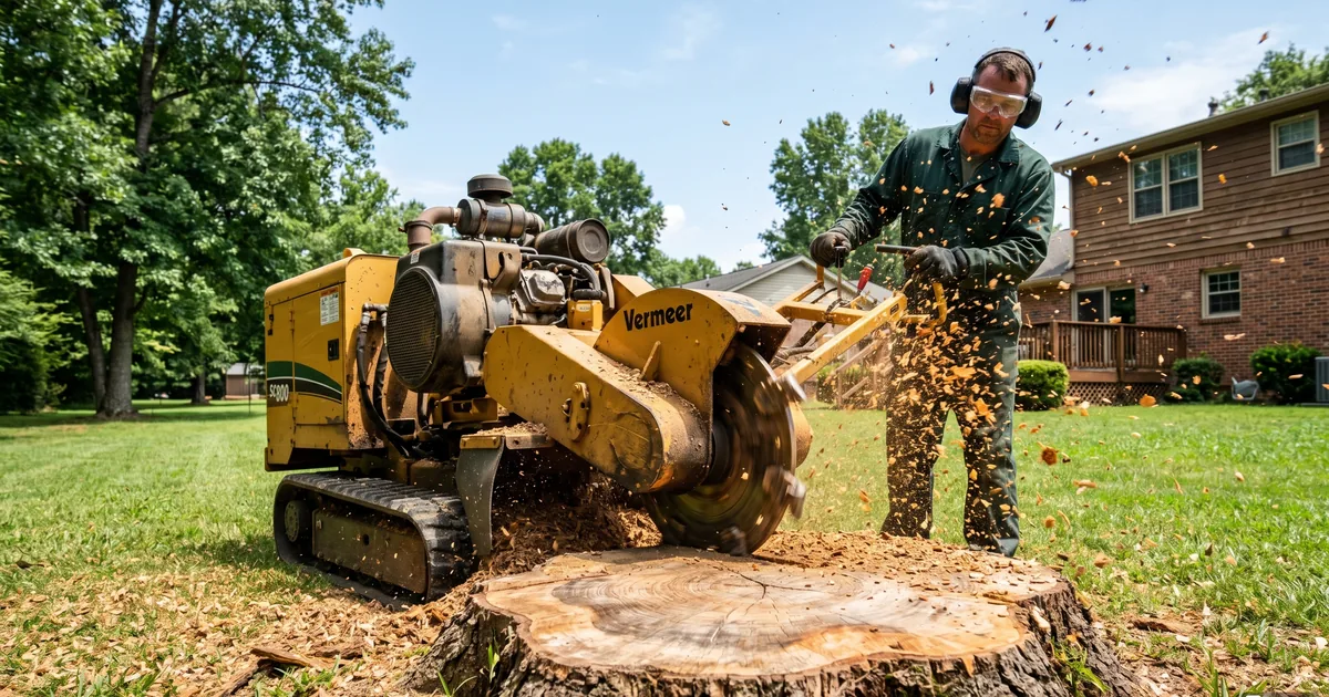 Industrial stump grinder removing tree stump in Huntsville Alabama yard