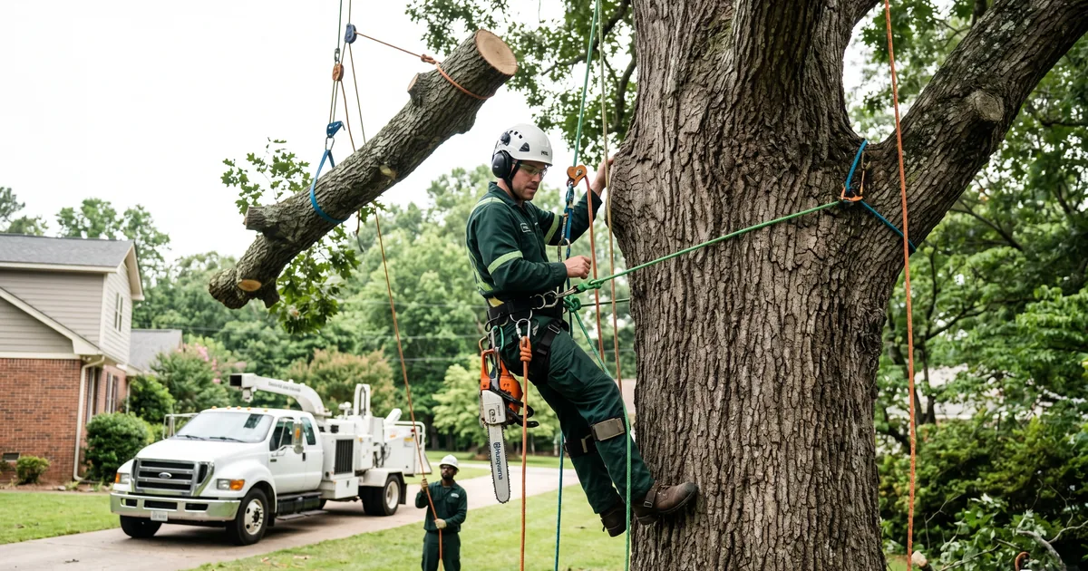 Tree removal service crew in Huntsville Alabama residential yard