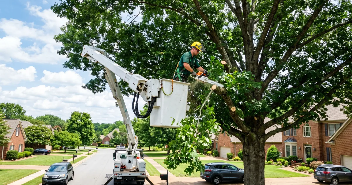 Arborist in bucket truck trimming large oak in Huntsville Alabama